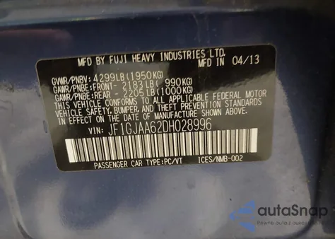 2013 Subaru Impreza 2.0I z USA, uszkodzony, nr VIN JF1GJAA62DH028996